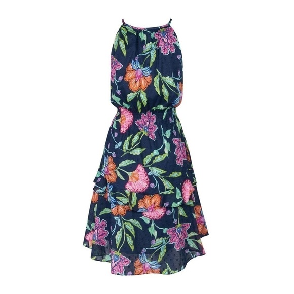 Taylor NWT Navy Floral Print Keyhole Front Tiered Spring Summer Dress Size 2 - Picture 15 of 15